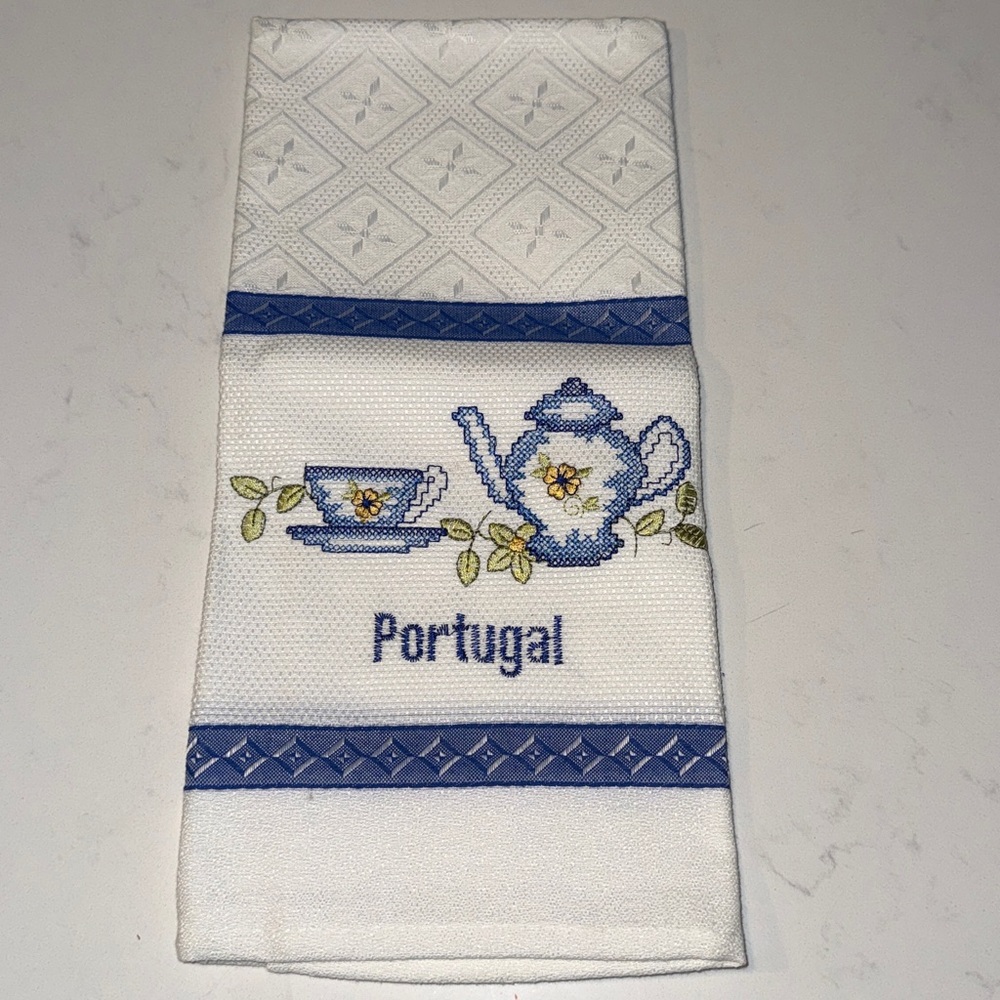 Embroidered Tea Towel with Blue Accents